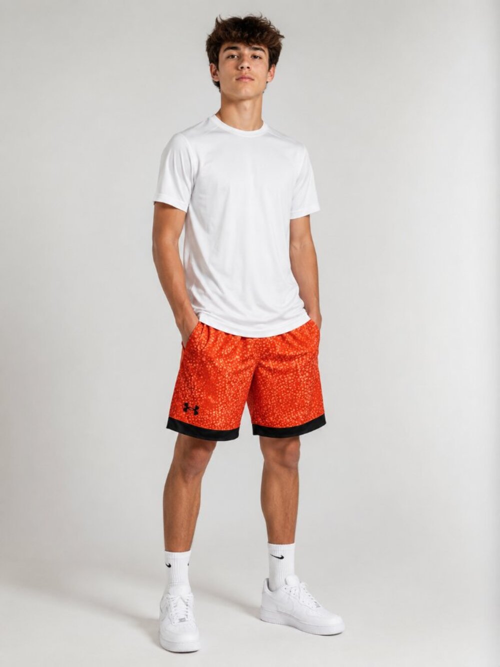 Under Armour Boys Small Orange Black Printed Lined Basketball Athletic Shorts